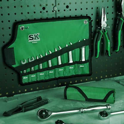 SK Stubby Ratcheting Wrench Set, Combination Wrench Set, 14-Piece, SAE & Metric, 72-Tooth, CR-V Steel, with Rolling Pouch - size: Metric & SAE