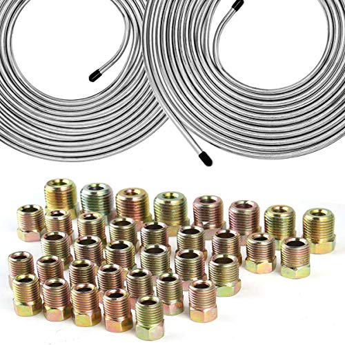 MuHize Dual Brake Line Tubing Kit 3/16 & 1/4" 25Ft | Zinc Double Galvanized Steel Brake Roll, Anti-Rust, Hydraulic Fuel & Transmission Line Replacement, Fits Cars & Trucks - color: Silver