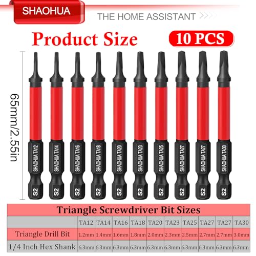10PCS Triangle Screwdriver Bits, TA12/14/16/18/20/23/25/27(x2)/30 Impact Tough Triangle Bits Set, Upgraded S2 Steel Triangle Drill Bit Set, 1/4''Hex 65mm Length Triangular Screwdrivers - style: D. Triangle Screwdriver Bits