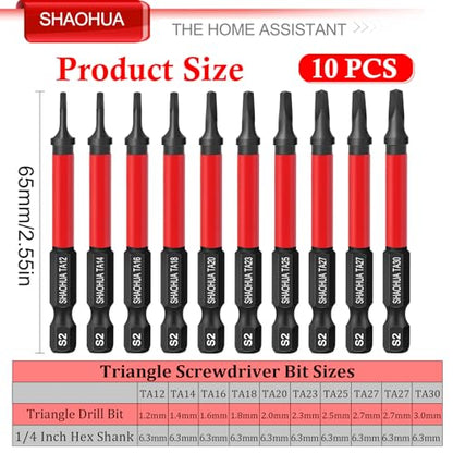 10PCS Triangle Screwdriver Bits, TA12/14/16/18/20/23/25/27(x2)/30 Impact Tough Triangle Bits Set, Upgraded S2 Steel Triangle Drill Bit Set, 1/4''Hex 65mm Length Triangular Screwdrivers - style: D. Triangle Screwdriver Bits