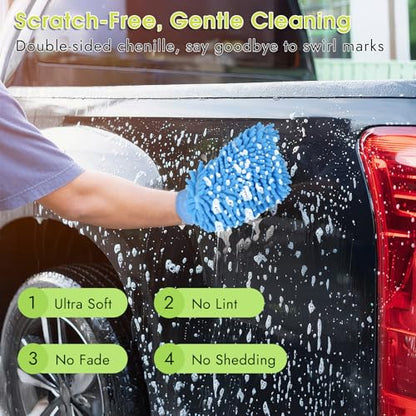 3 Pack Chenille Microfiber Car Wash Mitt, 7" x 9.6", Blue | Car Washing Mitts, Home Dusting Gloves, Scratch Free Lint-Free, Highly Absorbent, Double Sided, for Cleaning Detailing Polish - color: Blue