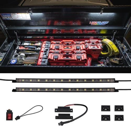 LEDGlow 2pc White Truck Tool Box LED Lighting Kit for Work & Utility Trucks | Universal Fitment 12" Tubes Install Inside the Lid & Shine Down on Tools, Includes Magnetic Power Switch for Automatic On/Off
