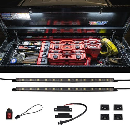 LEDGlow 2pc White Truck Tool Box LED Lighting Kit for Work & Utility Trucks | Universal Fitment 12" Tubes Install Inside the Lid & Shine Down on Tools, Includes Magnetic Power Switch for Automatic On/Off