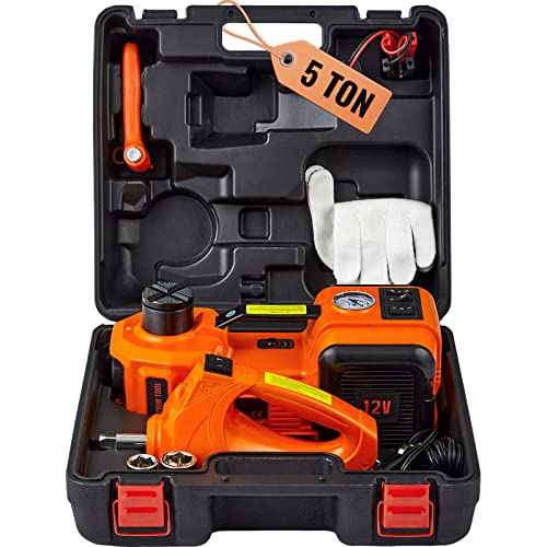 VEVOR Electric Car Jack 5 Ton with Electric Impact Wrench & Inflator Pump | 12V 11023 lbs Hydraulic Floor Jack, Portable Tire Changing Kit, with LED Light, for SUV Sedan Truck, Garage Repair Tool