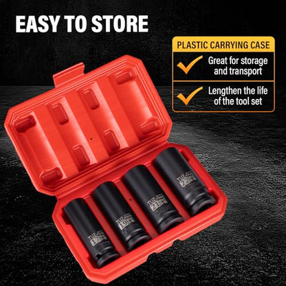 4 Pieces 1/2 inch Drive Deep Impact Socket Set,Metric,17mm 19mm 21mm 22mm,Cr-Mo,6-Point,Spindle Axle Nut Impact Socket - size: 1/2" Deep 4pc