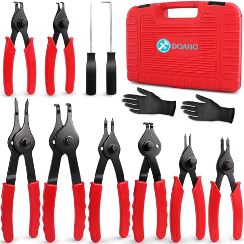 Doaho 10pcs Snap Ring Pliers Set,Internal & External Circlip Pliers for Removal and Installation of Automotive Retaining Rings With Straight/Bent Jaw,Hook and Pick - Storage Case - size: 10 PCS