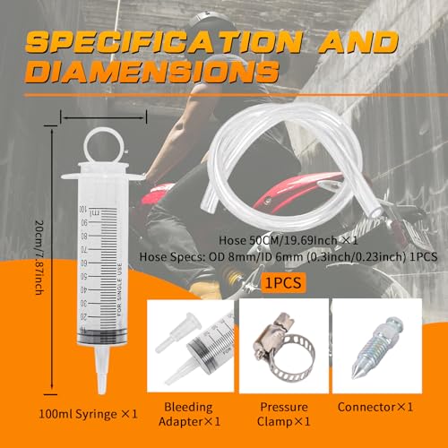 MOTO4U Motorcycle Brake Bleeder Kit, Hydraulic Disc Clutch Bleeding Kit,100ML Syringe with 50cm Hose & One Way Check Valve Tube Bleeding Tool, Motorcycle clutch, Brake Bleeder Tool