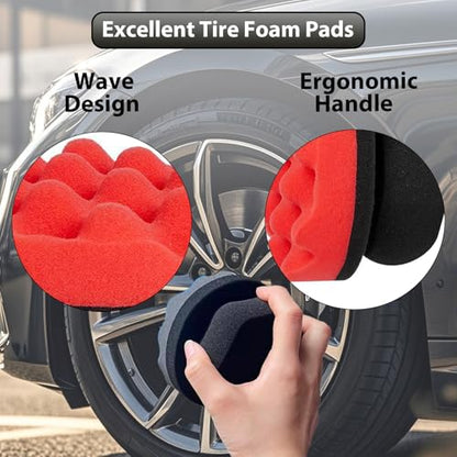 Tire Shine Applicator Pads, 4 Pcs Tire Dressing Applicator, Reusable Tire Shine Sponge Wave Contoured for Car Detailing, 4.33 inch (2 Red & 2 Black) - size: 4.33inch-2 Black & 2Red