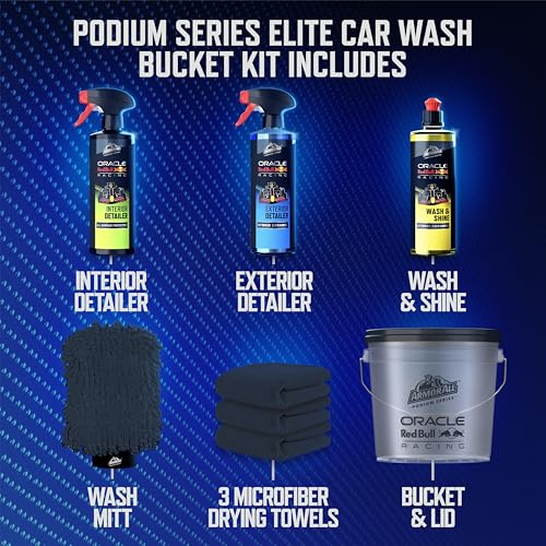 Armor All Podium Series Elite 9‑Piece Car Detailing Kit - Car Cleaning Kit with Bucket, Car Wash, Detailer Sprays, Wash Mitt & Microfiber Towels, Car Gift, Developed with Oracle Red Bull Racing