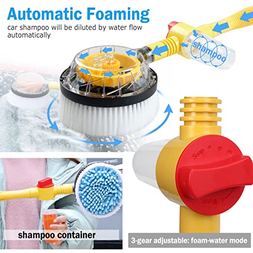 Rotating Car Wash Brush with Hose Attachment, Soft Chenille Microfiber Bristle Car Cleaning Brush Wash Mop Scrub Brush, Long Handle Car Washing Brush Kit with Soap Dispenser (Yellow)