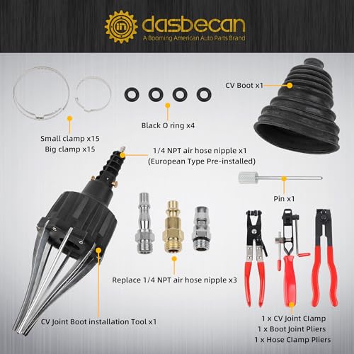 Dasbecan Upgraded Pneumatic CV Boot Expander Tool, CV Boot Clamp Tool Kit | Black Universal CV Axle Boot Spreader with 3 CV Joint Boot Clamp Pliers , 1 Boot, 15 Clamps and 4 1/4" NPT Air Hose Nipple - color: Black, size: Pro Kit (3 Pliers + 1 Boot + 15 Cl