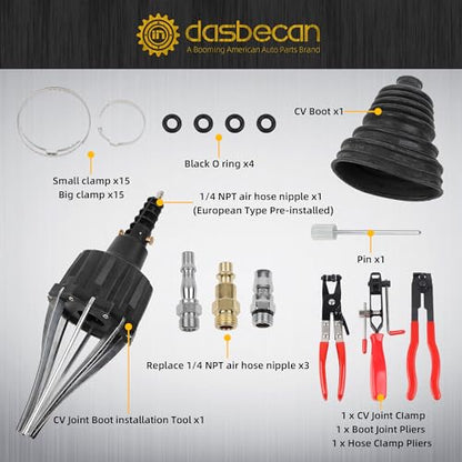 Dasbecan Upgraded Pneumatic CV Boot Expander Tool, CV Boot Clamp Tool Kit | Black Universal CV Axle Boot Spreader with 3 CV Joint Boot Clamp Pliers , 1 Boot, 15 Clamps and 4 1/4" NPT Air Hose Nipple - color: Black, size: Pro Kit (3 Pliers + 1 Boot + 15 Cl