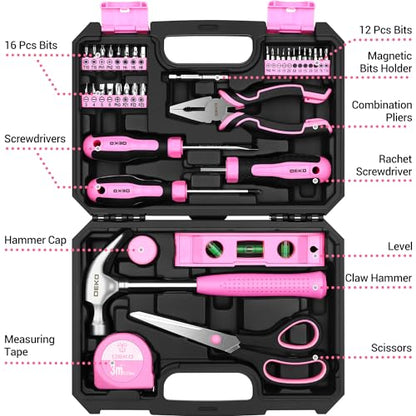 DEKOPRO Tool Set for Women: Pink Tool Set for Home Repair, Womens Tool Kit for All Purpose 42 Piece