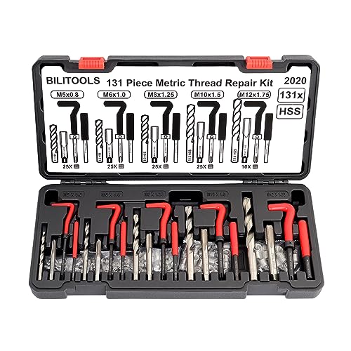BILITOOLS Helicoil Thread Repair Kit Metric | 131-Piece Heli Coil Kit M5 M6 M8 M10 M12, including 4241 HSS Drill & Tap, 304 Stainless thread inserts - size: M5 - M12, style: Metric, 131 Piece,