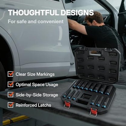 BLACK CANYON 14-Piece 1/2" Drive Deep Impact Socket Set, Metric 6-Point Sockets, Cr-Mo Impact Grade Steel, Heavy-Duty Storage Case for Automotive, Truck & Equipment Repair - size: 14 Piece