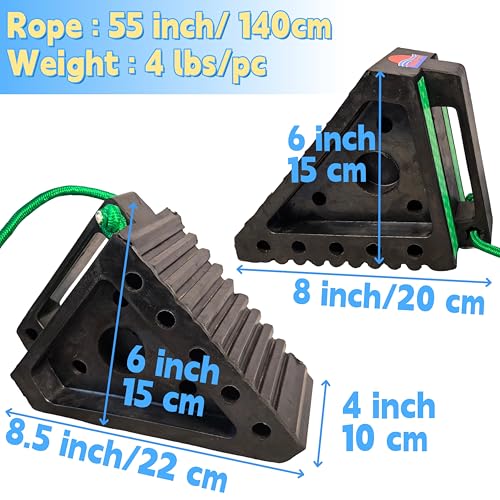 Heavy Duty Rubber Wheel Chocks with Reflective Strips - Set of 4 (8x6x4 Inch) - All-Weather, Non-Slip & Wear-Resistant & Portable Parking Security for Truck, RV, Trailer,SUV (006-Green)