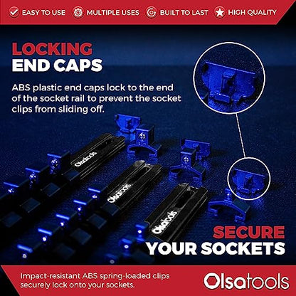 Olsa Tools Aluminum Socket Organizer, 3pc Set - Locking End Caps - 1/4-Inch Drive x 24 Clips, 3/8-Inch Drive x 18 Clips, 1/2-Inch Drive x 16 Clips - Professional Grade - Black - Part: 1181 - color: Black, size: 3pc, 1/4, 3/8, & 1/2-Inch Drive