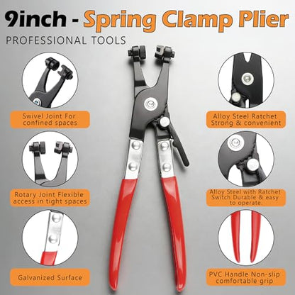 352Pcs Carbon Steel Spring Hose Clamp Kit - Black Oxide + Case & Pliers | 15 sizes 6-25mm, 352 pcs with case + clamp pliers & removal tool. Carbon steel, black oxide finish, for low-pressure systems.