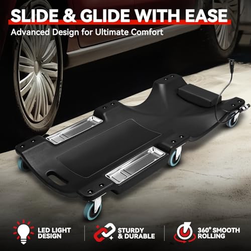 Auto Dynasty 40 Inches Mechanic Creeper, Automotive Garage Repair Low Profile Under Car Rolling Creeper with LED Light and Padded Headrest, Plastic, Black - color: Black, size: 40" L (w/LED Light)