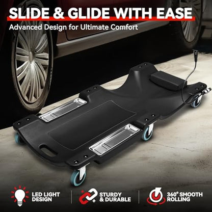 Auto Dynasty 40 Inches Mechanic Creeper, Automotive Garage Repair Low Profile Under Car Rolling Creeper with LED Light and Padded Headrest, Plastic, Black - color: Black, size: 40" L (w/LED Light)