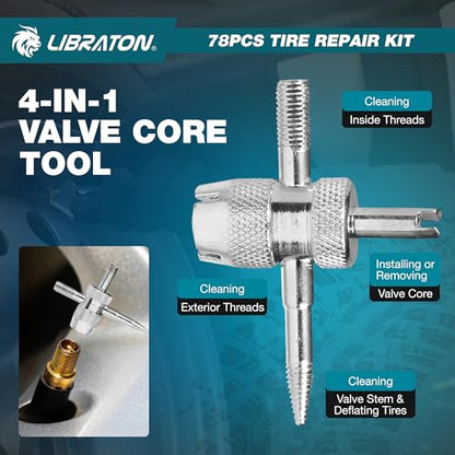 Libraton Tire Repair Kit, 78PCS Tire Plug Kit Heavy Duty Professional Repair Tools to Fix Punctures and Plug Patch Flats, Tubeless Tire Patch Kit for Car, Motorcycle, ATV, SUV, Truck, Tractor, Trailer