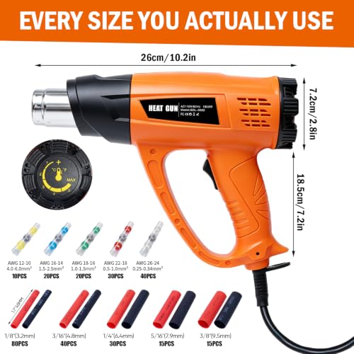 300PCS Waterproof Solder Seal Wire Connectors & 3:1 Heat Shrink Tubing with 1800W Heat Gun Kit 122℉~1202℉ Variable Temp 1.5S Fast Heating Overheat Protection for Auto Marine & Wiring Repair 10-26 AWG - size: 300pcs