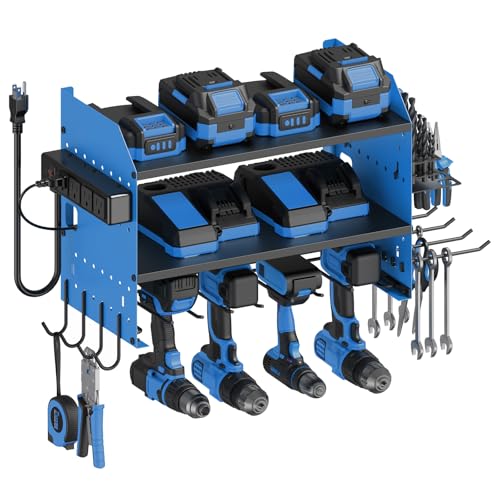 CCCEI Modular Power Tool Organizer Wall Mount with Charging, Blue, 1 Pack | Drill & Battery Storage Rack with Peg Hooks, Garage Workshop, Gifts for Men, Husband, Anniversary, Birthday - color: Blue