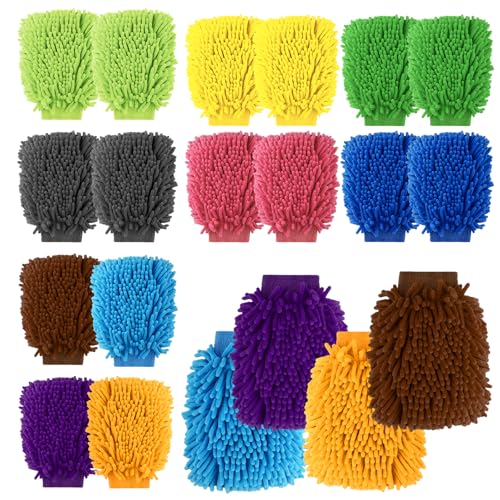 20 Pcs Car Wash Mitt 8.3 x 10.2 Inch Bright Colors Cleaning Drying Mitts Chenille Microfiber Double Sided Glove for Auto Detailing