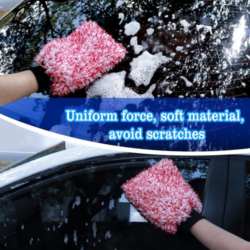 Microfiber Car Wash Mitt - 3 Pack Scratch Free Mitts with Blue, Red and Black, Machine Washable, Lint Free, 10 Inch X 8 Inch Glove