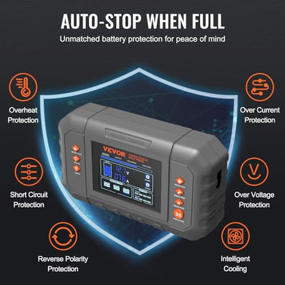 VEVOR Smart Battery Charger, 35-Amp, Lithium LiFePO4 Lead-Acid (AGM/Gel/SLA) Car Battery Charger with LCD Display, Trickle Charger Maintainer Desulfator for Boat Motorcycle Lawn Mower Deep Cycle - size: 7.9 x 4.5 x 2.12 in