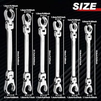 6 Piece Flex Head Flare Nut Wrench Set Metric 9-21mm, 40 Cr Double Open End Brake Line Wrench for Automotive Brake, Fuel, AC Lines and Plumbing Repairs, Flex Tools with EVA Storage Tray - style: 6 Piece