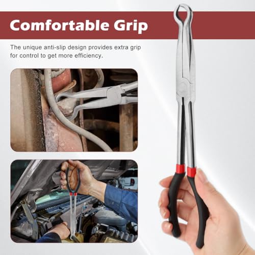 3pcs Long Reach Hose Grip Pliers Set, 11" Long Pliers, 3/8-Inch, 1/2-Inch, 3/4-Inch Dia, Offset Spark Plug Boot Removal Plier Serrated Jaws for Hard to Reach Narrow Space(COLOR:black red)