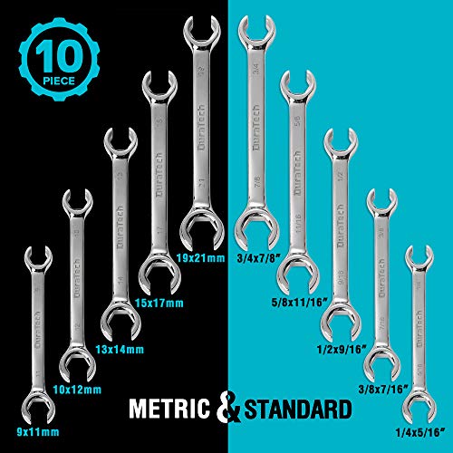 DURATECH Flare Nut Wrench Set, Standard & Metric, 10-Piece, 1/4" to 7/8'' & 9-21mm, CR-V Steel, Organizer Pouch Included - size: 10pc, SAE&Metric