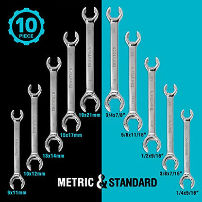 DURATECH Flare Nut Wrench Set, Standard & Metric, 10-Piece, 1/4" to 7/8'' & 9-21mm, CR-V Steel, Organizer Pouch Included | Standard & Metric, CR-V Steel, Organizer Pouch Included - size: 10pc, SAE&Metric