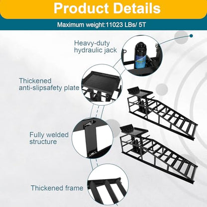 2 Pcs Black Hydraulic Car Ramps 5 Ton (11,000 LBS) Heavy Duty Steel Car Lift Ramps with Hydraulic Jack for Oil Changes & Truck Repair, Truck Trailer Garage Vehicle Ramps - color: Black