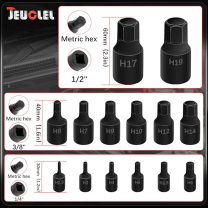 14Pcs Impact Grade Allen Bit Socket Set, Hex 1/2" 3/8" 1/4" Drive | Metric Hex Drive Socket Kit, Heavy Duty Hex bit, Screwdriver Adapter, Hand Repair Tool, Cr-Mo, Socket Wrench, Head Drill - size: 14PCS | Metric Set