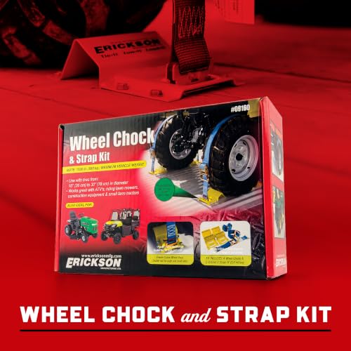 Erickson 09160 ATV Wheel Chock & Tie Down Strap Kit | Mounted Double-Slotted E Track, 2 in x 7.5 ft Ratchet Straps - Fits Tires Up To 32 in - Secures UTV, ATV, SxS, Mower & More - style: 2in x 7.5ft - Double Slotted E-fitting