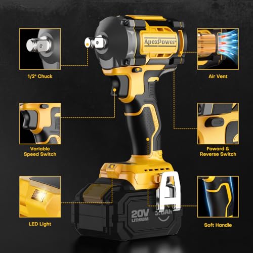 Cordless Impact Wrench, for DEWALT 20V Max Battery, 1/2 Inch Brushless Electric Impact Gun w/ 600FT-LBS (814N.m), 3000RPM High Torque Impact Driver, 7 Sockets Electric Impact Wrench for Car Home