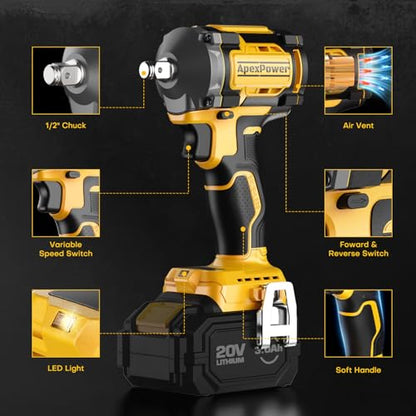 Cordless Impact Wrench, for DEWALT 20V Max Battery, 1/2 Inch Brushless Electric Impact Gun w/ 600FT-LBS (814N.m), 3000RPM High Torque Impact Driver, 7 Sockets Electric Impact Wrench for Car Home