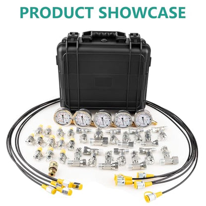 Hydraulic Pressure Test Kit, 5 Gauges 10–600 Bar/150–10 000 PSI, 13 Test Couplings 14 Tee Connectors 5 Hoses, Hydraulic Test Gauge Kit in Case for Excavator Construction Machinery Pressure Tester