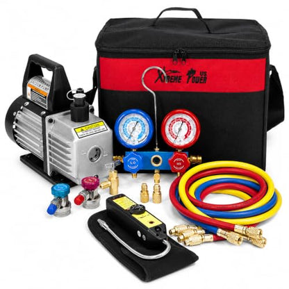 XtremepowerUS 4 CFM HVAC Vacuum Pump Kit with R134a R22 R32 R410A Manifold Gauge Set, Leak Detector, R134a Quick Couplers, Can Tap & Carry Bag for AC Refrigeration Recharge - size: 4.0CFM