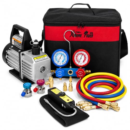 XtremepowerUS 4 CFM HVAC Vacuum Pump Kit with R134a R22 R32 R410A Manifold Gauge Set, Leak Detector, R134a Quick Couplers, Can Tap & Carry Bag for AC Refrigeration Recharge - size: 4.0CFM