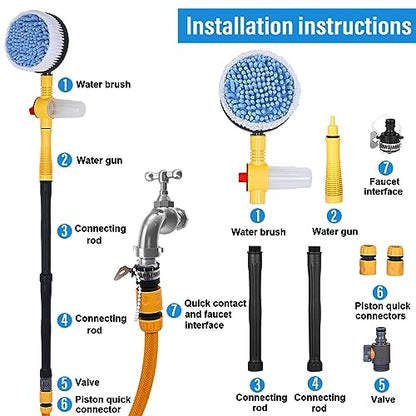 Toolly Car Wash Brush Cleaning Kit, 360° Spin Car Mop, Microfiber Rotating Car Cleaning Brush, Detachable & Extendable Scrub Brush, Garden Hose Spray Nozzle Spray Gun for Cars, Yards, Garden, Pets