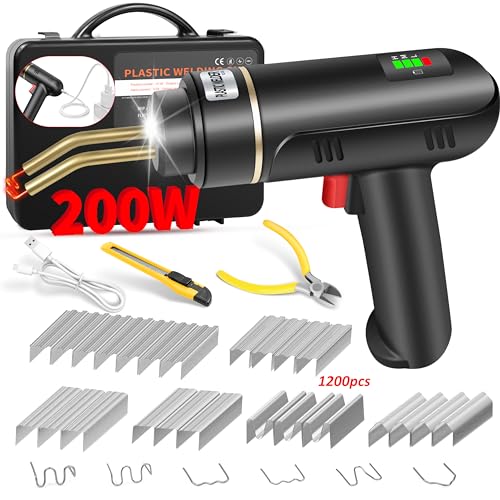 200W Cordless Plastic Welder, Plastic Welding Kit with 1200PCS Hot Stapler, USB Rechargeable Plastic Welder Gun with 5000mAh Battery, Plastic Weld Bumper Repair Kit for Most Plastic Repair - color: Black