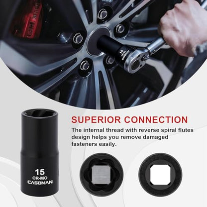 CASOMAN 16PCS 1/2" Drive Impact Bolt and Nut Extractor Socket Set, Stripped Lug Nut Remover Include Hex Shank Adapter & Pin Bar, for Removing Damaged Rusted Broken Rounded Fasteners off, CR-MO, Metric - size: 16-Piece