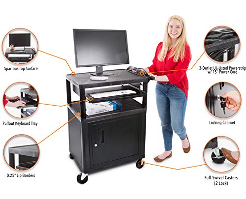 Line Leader Plastic AV Cart with Keyboard Tray and Locking Metal Cabinet, Heavy Duty Mobile Workstation with 4 Rolling Casters, 2 Locking Brakes, Heavy Duty, Holds up to 100 lbs (34 Inch w Cabinet) - color: 2 Shelves W/ Cabinet & Keyboard Tray