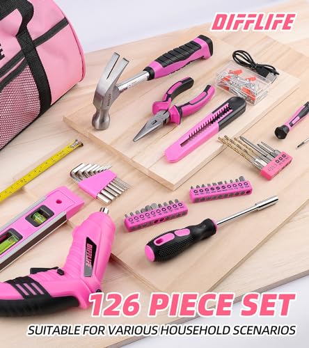Pink Tool Set for Women, 126-Piece Lady's Power Screwdriver Cordless Rechargeable Set Home Repairing Tool Set with 13-Inch Wide Mouth Open Storage 126PCS 3.6V Electric Screwdriver Tool Bag - style: 126 Piece Pink