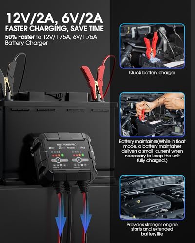 2-Bank, 4A (2A/Bank) Trickle Charger for Car Battery, 12V 6V Car Battery Charger, Automotive Battery Trickle Charger, Maintainer, for Motorcycle Lawn Mower AGM, Lithium Batteries