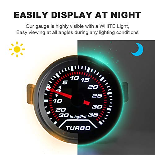 WATERWICH 35 PSI Turbo Boost/Vacuum Gauge Meter Kit Includes Mechanical Hose & T-Fitting - Black Dial - Clear Lens 2" 52mm 12V Universal for Car Truck