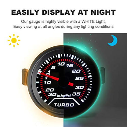 WATERWICH 35 PSI Turbo Boost/Vacuum Gauge Meter Kit Includes Mechanical Hose & T-Fitting - Black Dial - Clear Lens 2" 52mm 12V Universal for Car Truck
